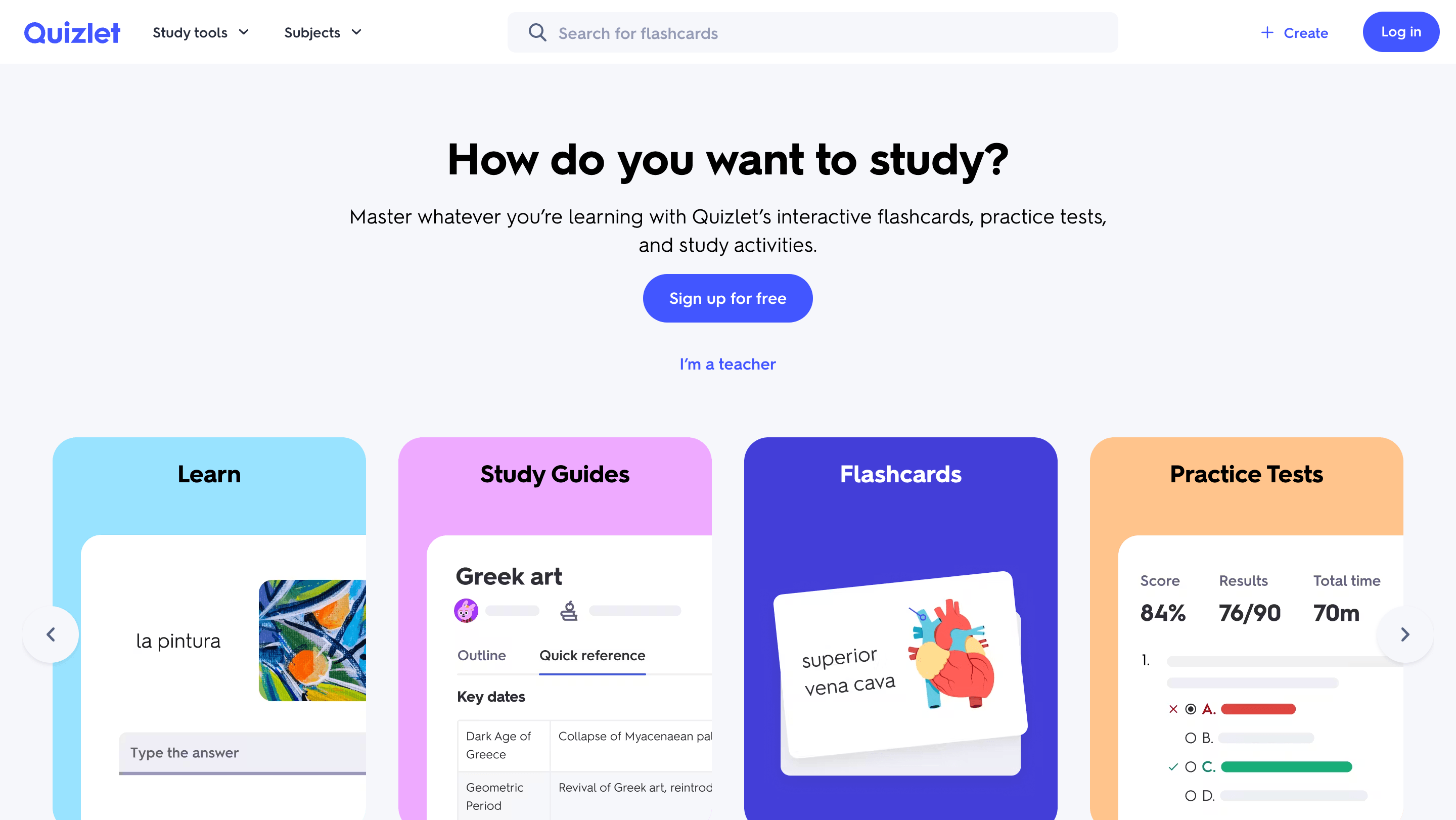 Quizlet flashcard and study set interface for self-paced review