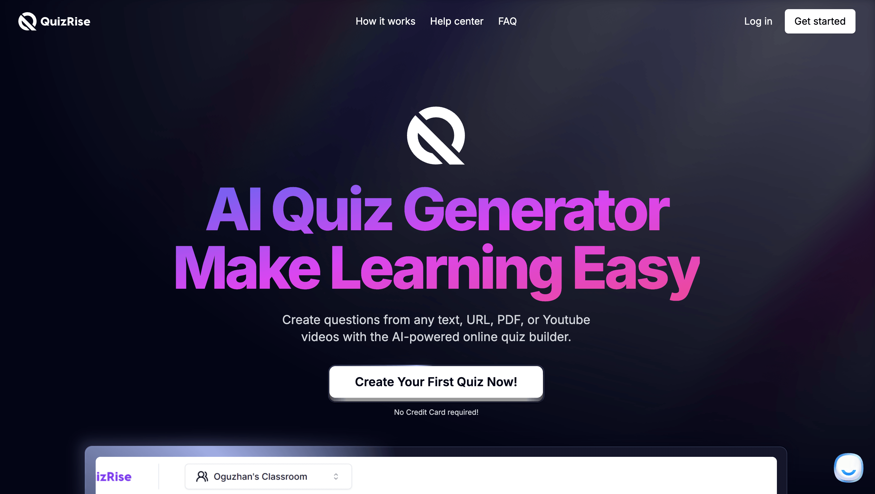 QuizRise AI study tool interface for creating quizzes and flashcards from learning materials