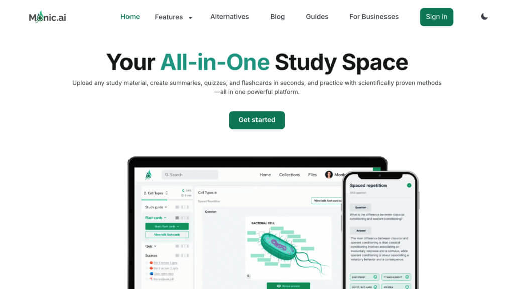 Monic.ai study workspace with organized course content and AI workflows